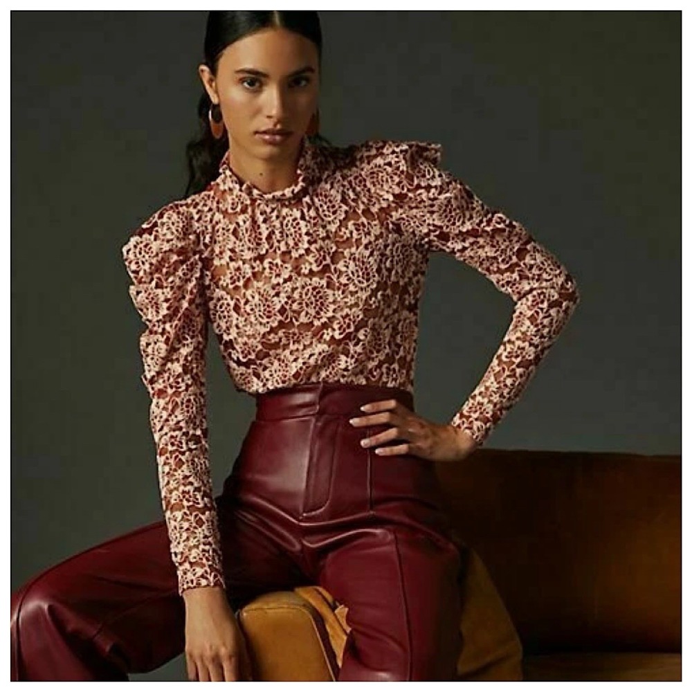 Anthropologie Dolan Sheer Lace Mock Neck Top Womens Sz‎ M Long Sleeve